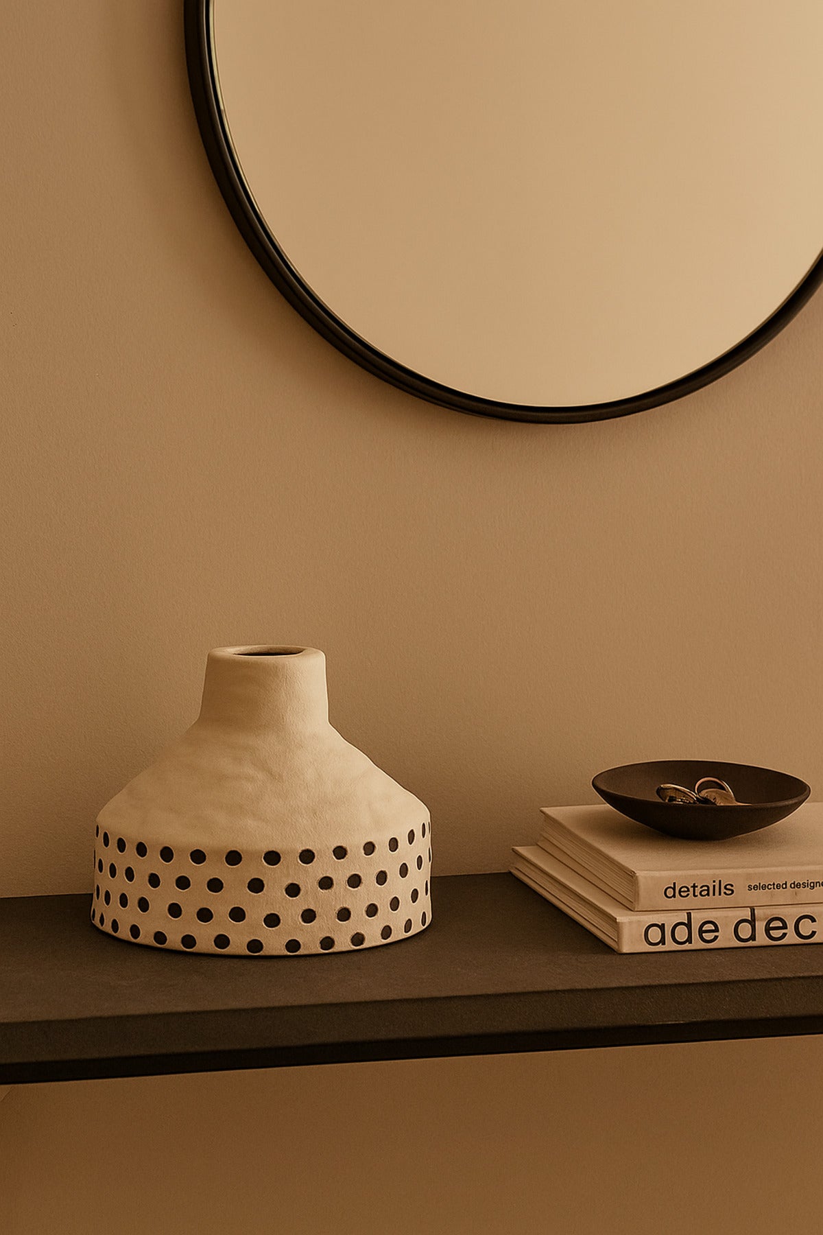 Natural White Ceramic Vase with Black Dots Ð Wide Cone Decorative Vase