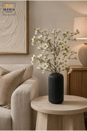 Black Ribbed Decorative Vase, Modern Cylindrical Flower Holder for Dried Flowers, Living Room, Bedroom, Office, Shelf and Table Décor