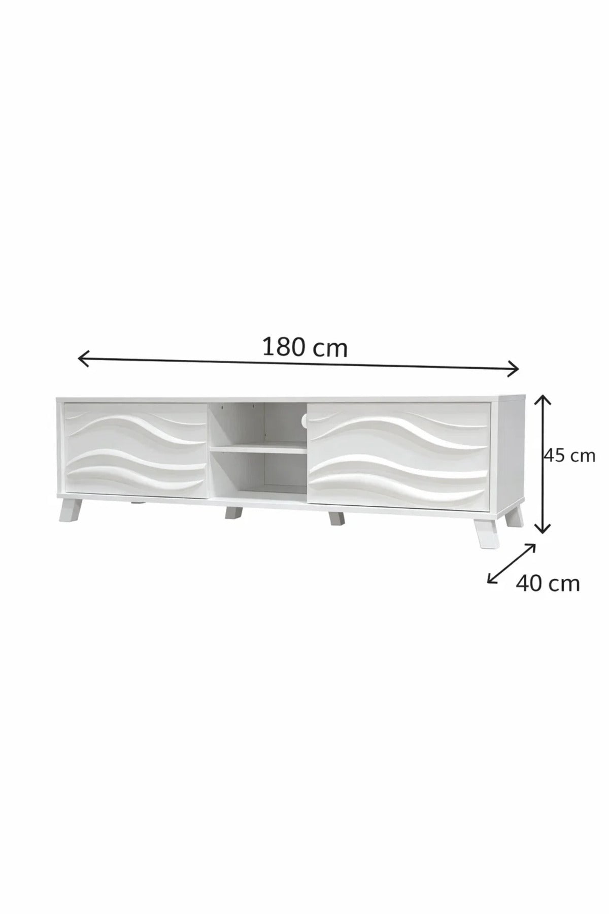 Elegant White TV Console 180cm Media Unit with Wavy Cabinet Doors and Open Shelves for Home