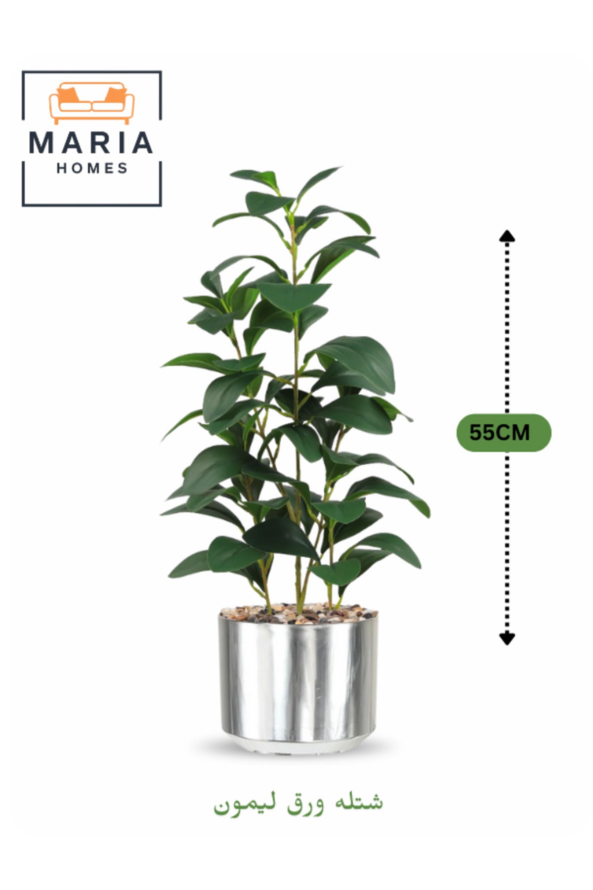Artificial Lemon Leaf Plant 55 cm Ð Green Foliage in Silver Plastic Pot for home decor