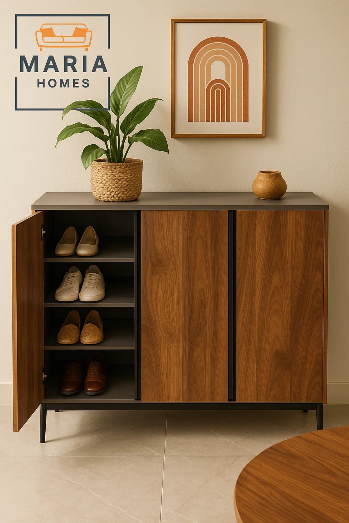 Modern 3-door Wooden Shoe Rack Cabinet 120cm Ð Grey Top, Hidden Handles, Stylish Storage Solution