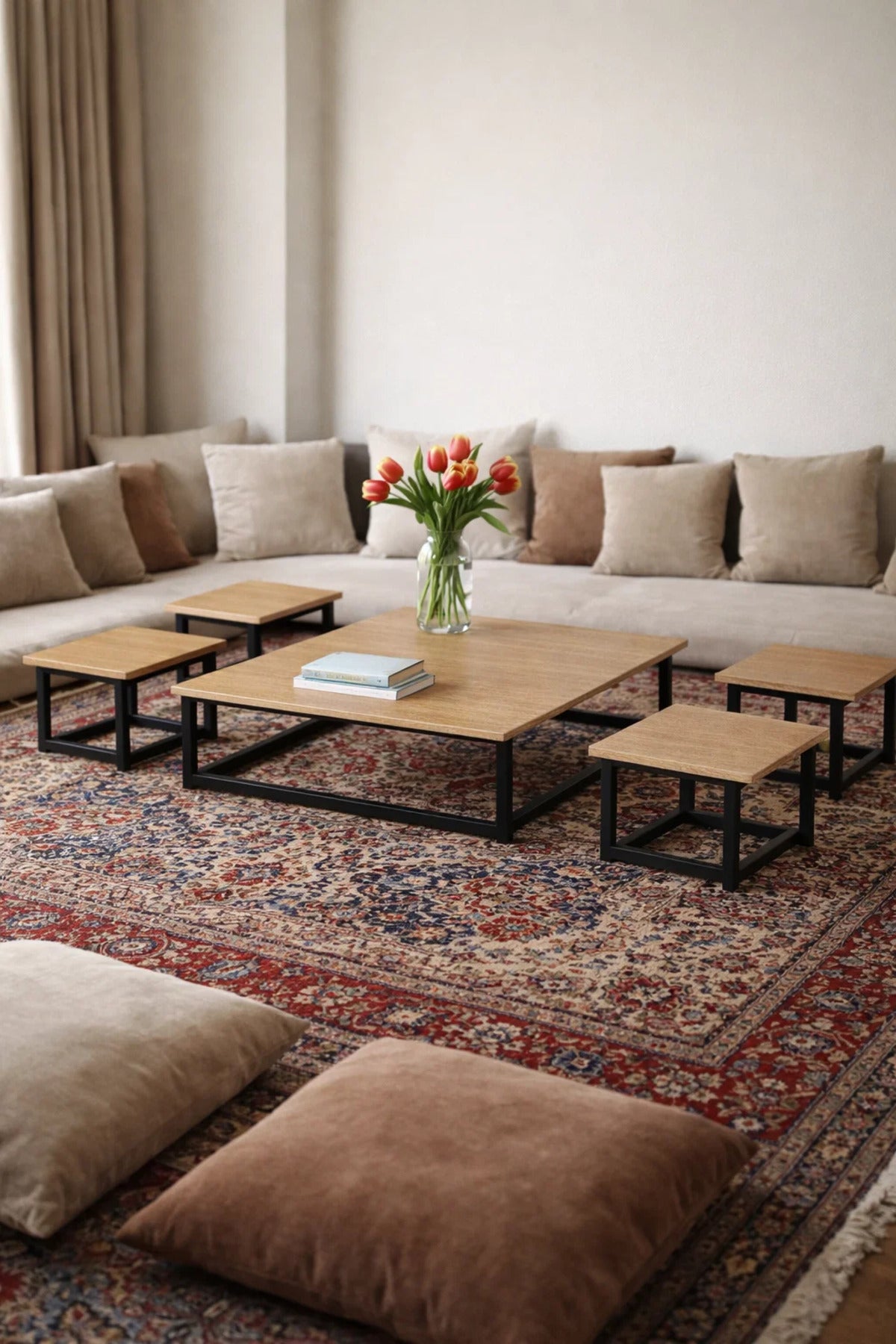 Modern 5-Piece Low Center Table Set Wood Top Black Metal Frame Floor Seating Coffee Table Unit