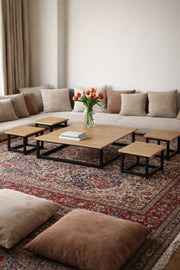 Modern 5-Piece Low Center Table Set Wood Top Black Metal Frame Floor Seating Coffee Table Unit