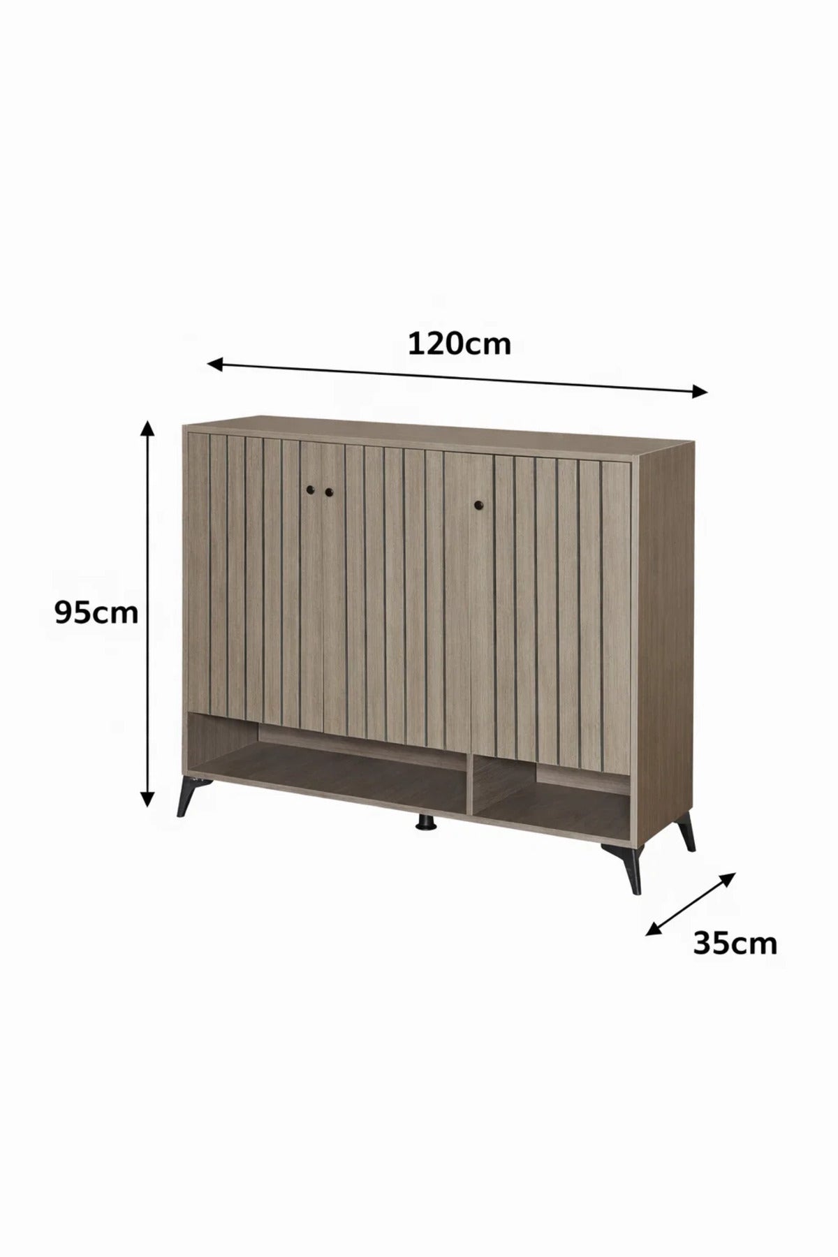 Modern Grey Shoe Cabinet 120cm with Vertical Slats, Open Shelf & 3 Doors for Entryway Storage