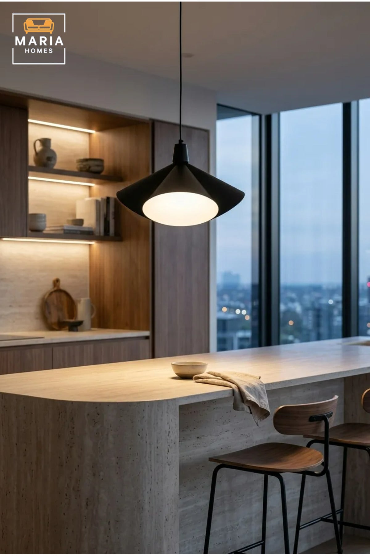 Modern Black Pendant Light with Sculptural Metal Shade and Diffuser, Hanging Ceiling Lamp for Dining Room, Kitchen Island, Living Room, Café and Restaurant