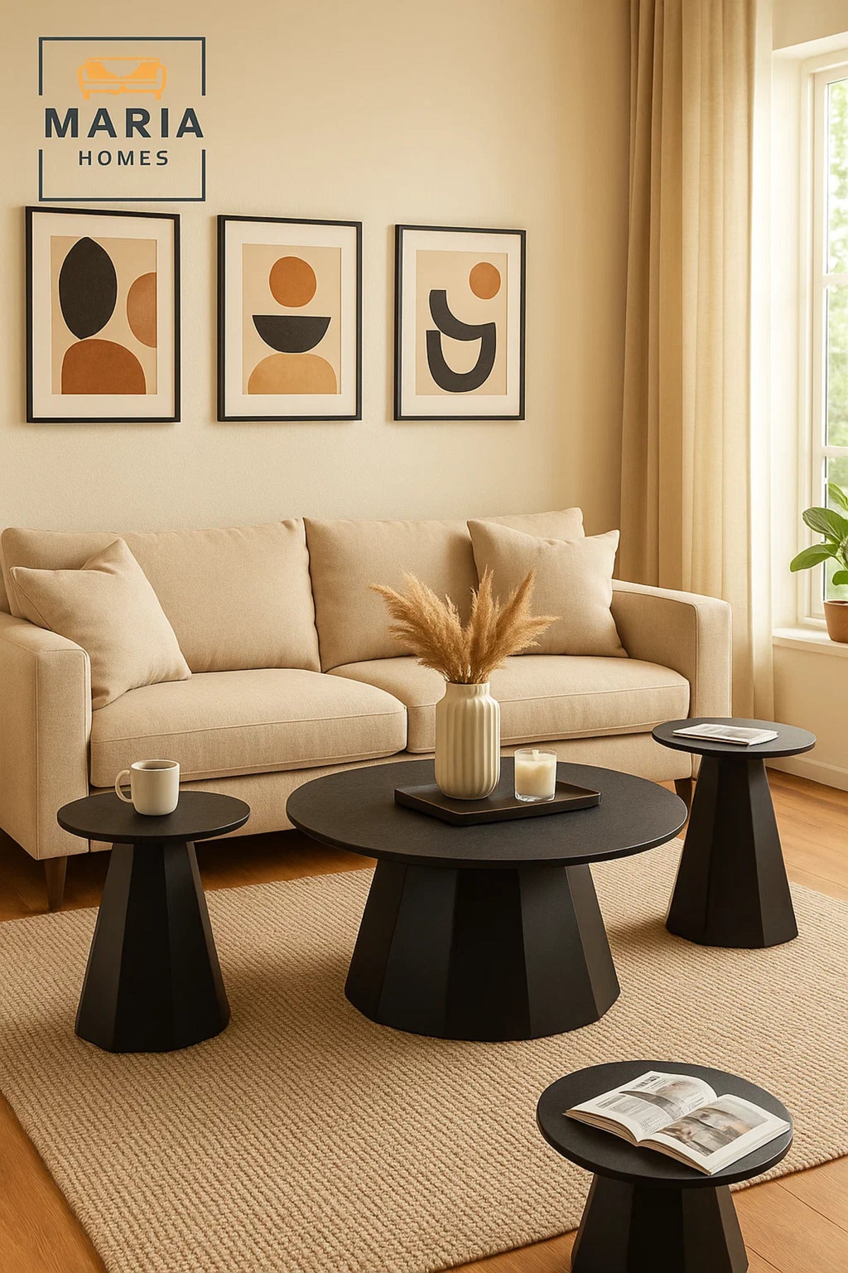 3-Piece Modern Black Cone Base Coffee Table Set