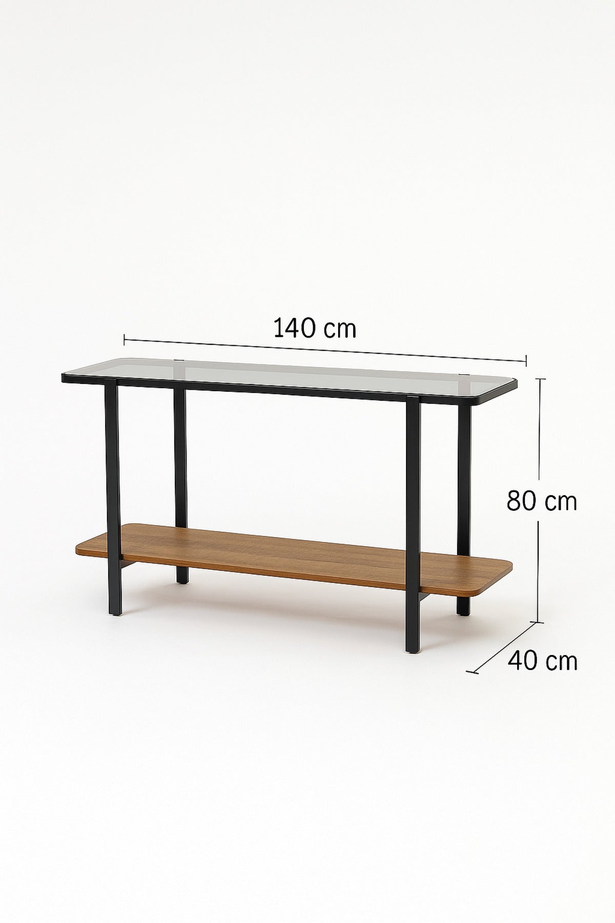 Modern Console Table with Glass Top Ð 140_40_80 cm | Brown Wood Shelf and Black Metal Frame