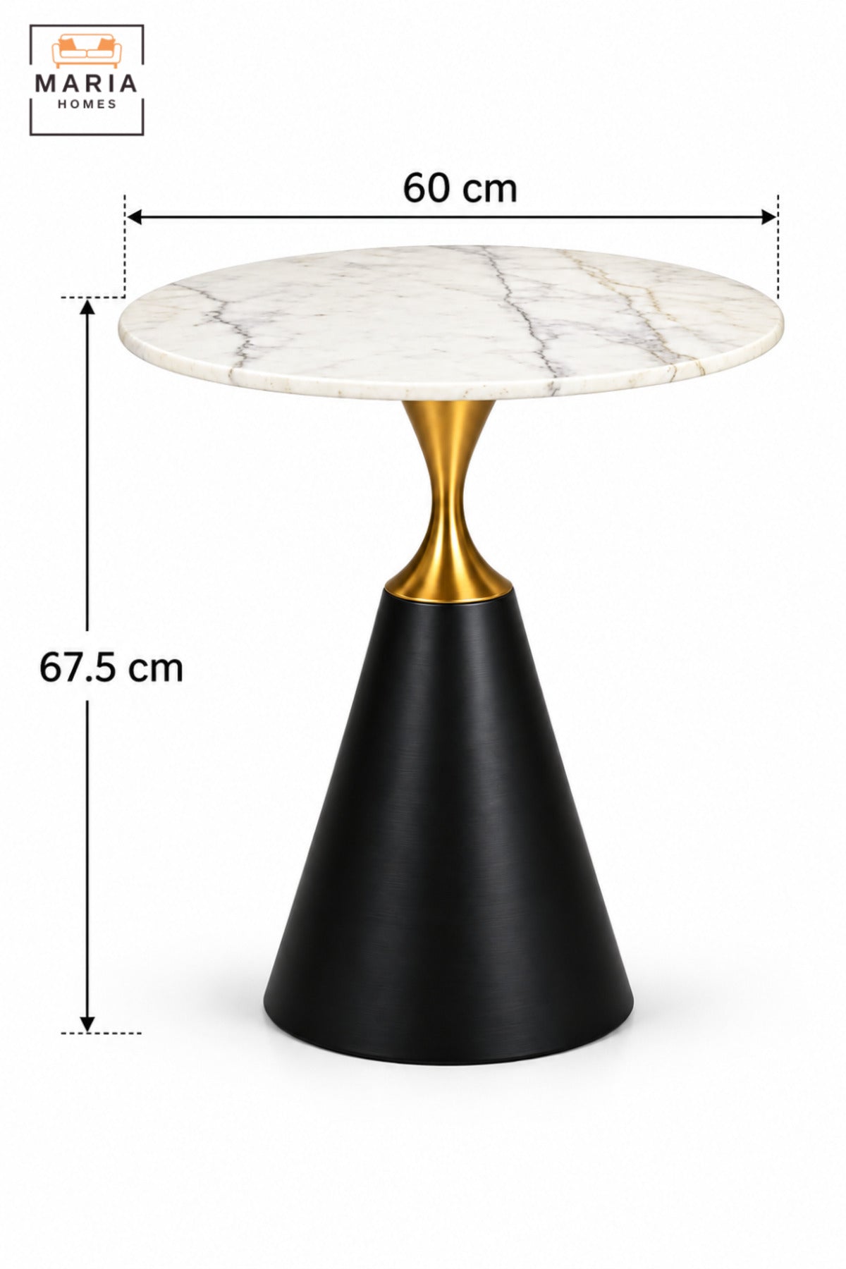 Modern Round Side Table with White Marble-Effect Top, Black Cone Pedestal Base and Gold Accent for Living Room & Bedroom – 60 × 67.5 CM