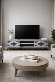 Stylish 180cm TV Table Media Stand with Geometric Pattern Doors and Open Storage for Living Room Art
