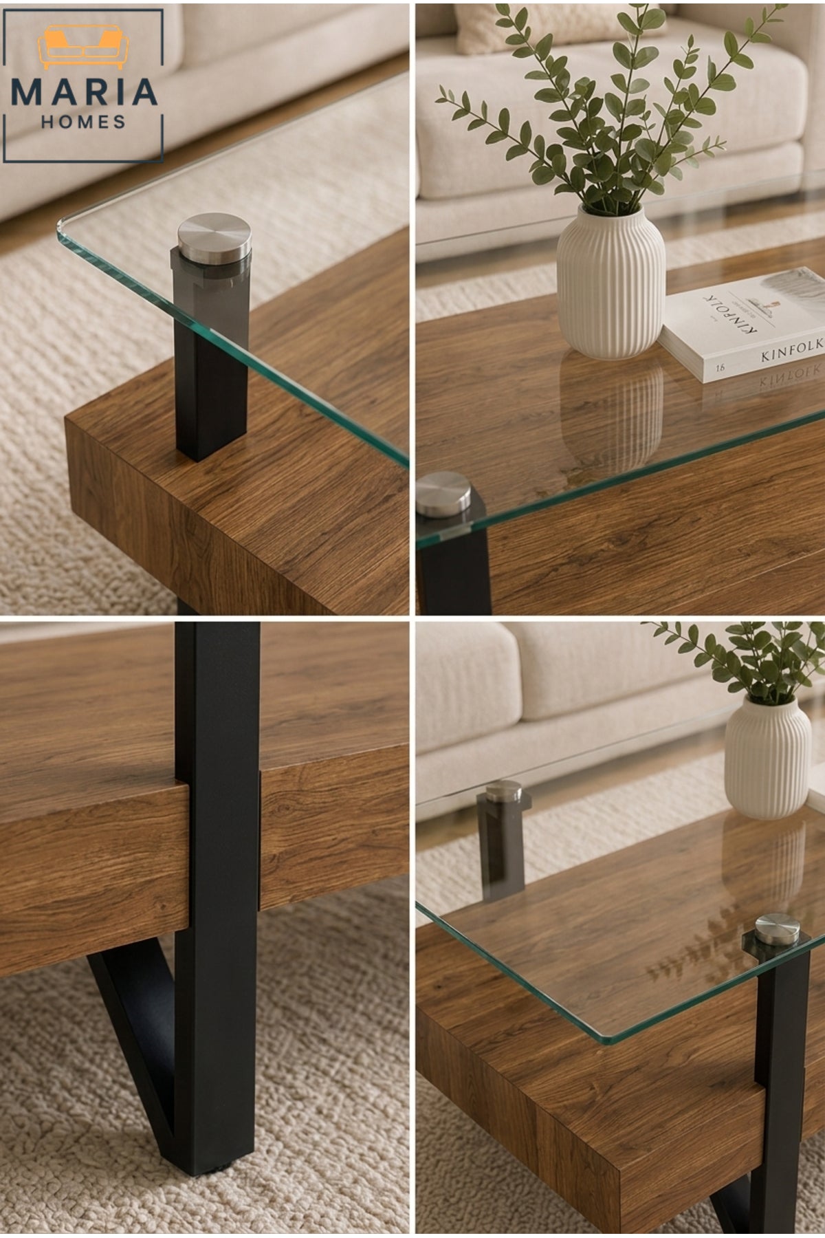 Modern Glass Top Coffee Table with Wooden Shelf √ê Contemporary Living Room Center Table with Black Legs