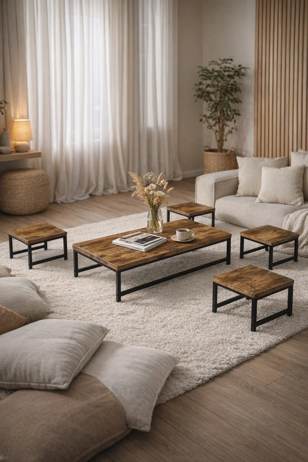 Modern 5-Piece Low Floor Coffee Table Set Industrial Wood Design Metal Legs Living Room Center Table