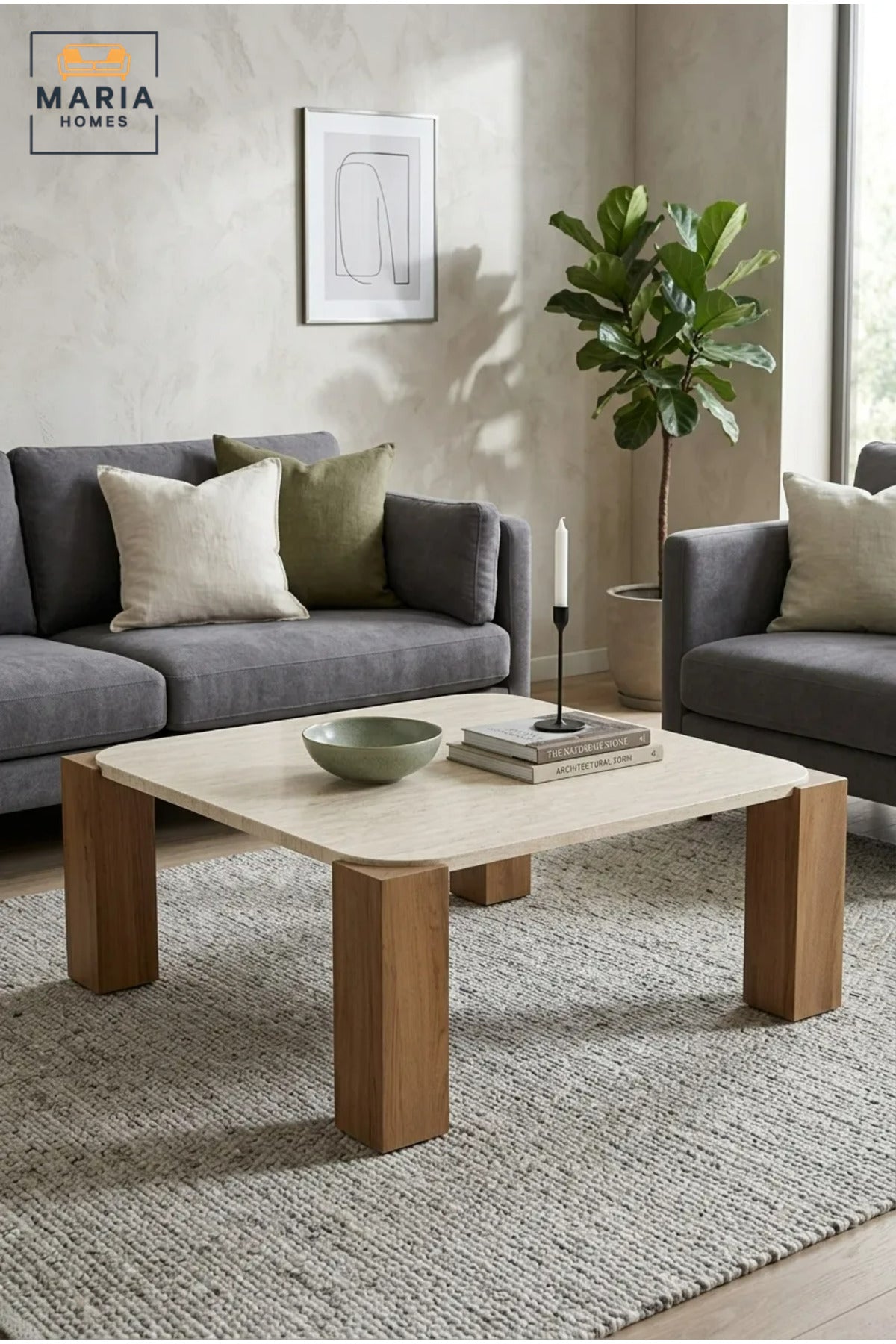Modern Square Coffee Table with Wood-Effect Top and Chunky Wooden Legs, Contemporary Center Table for Living Room, Lounge, Apartment and Office
