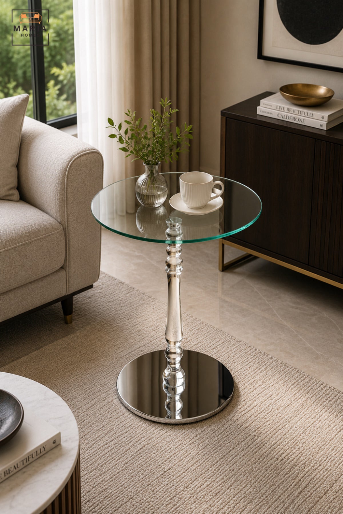 Modern Round Glass Side Table with Clear Glass Top, Polished Silver Pedestal & Mirrored Base, Luxury Accent End Table for Living Room Bedroom Sofa Lounge