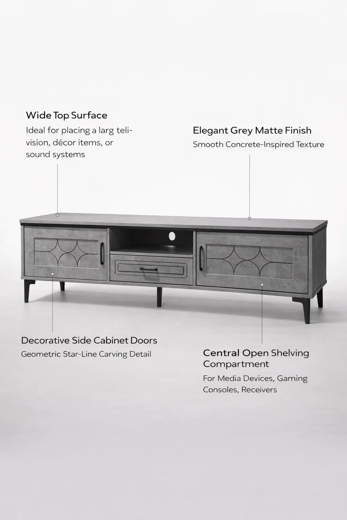 Modern Grey TV Table Media Console Stand with Storage Drawer and Cabinets Living Room 160cm