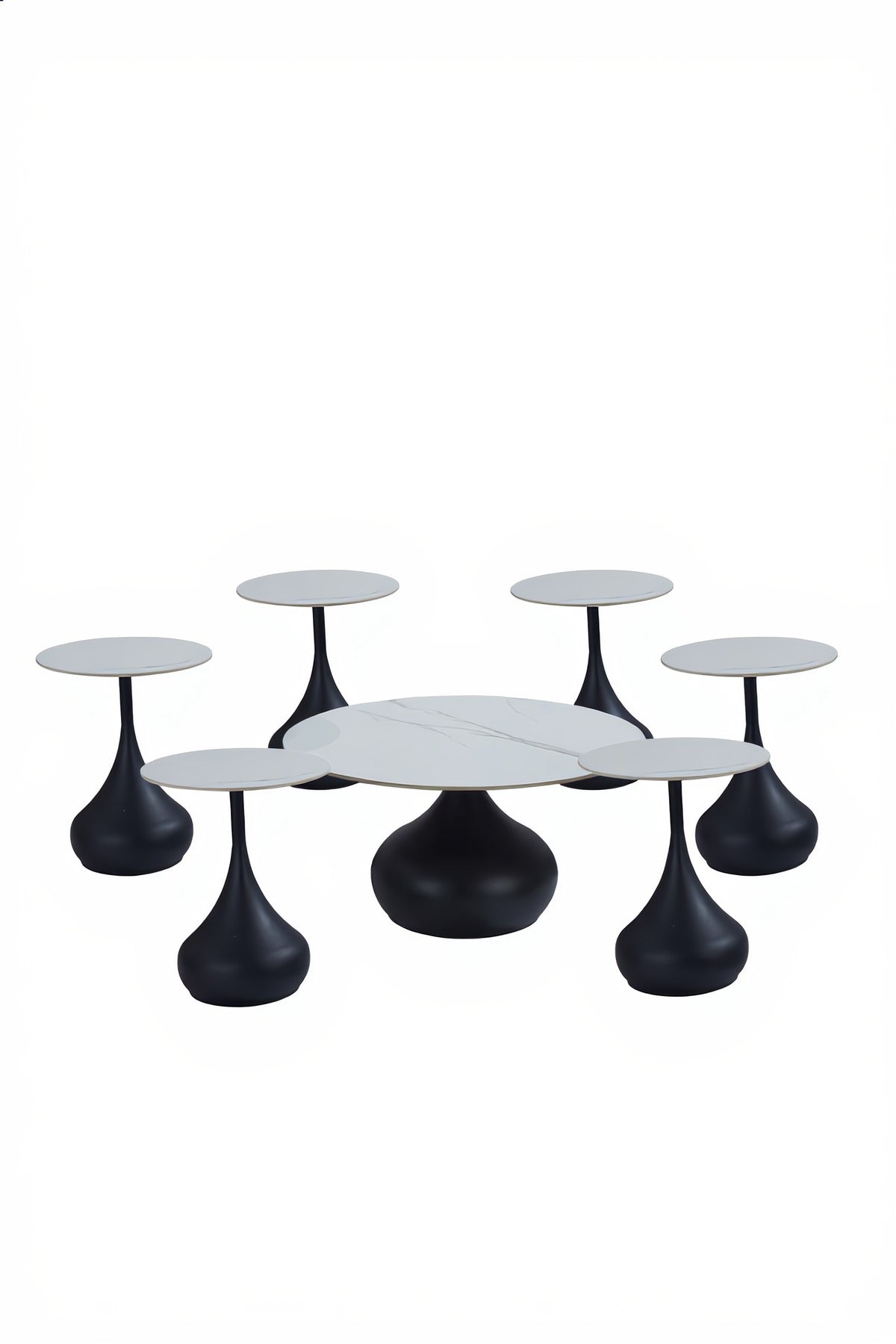 Stylish 7-Piece Ceramic Center Table Set with 6 Matching Side Tables Black Base Living Room