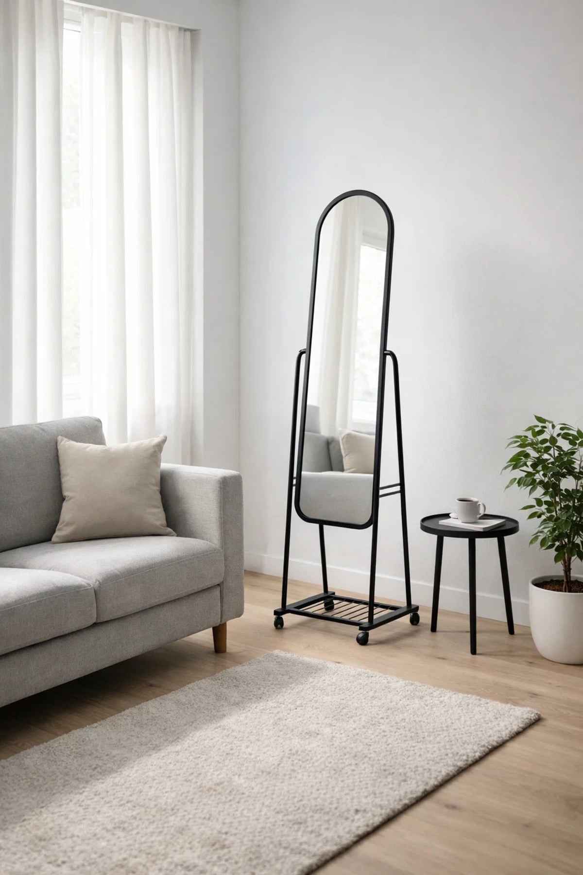 Modern Black Arched Full Length Standing Mirror with Wheels and Storage Shelf Mobile Bedroom Decor