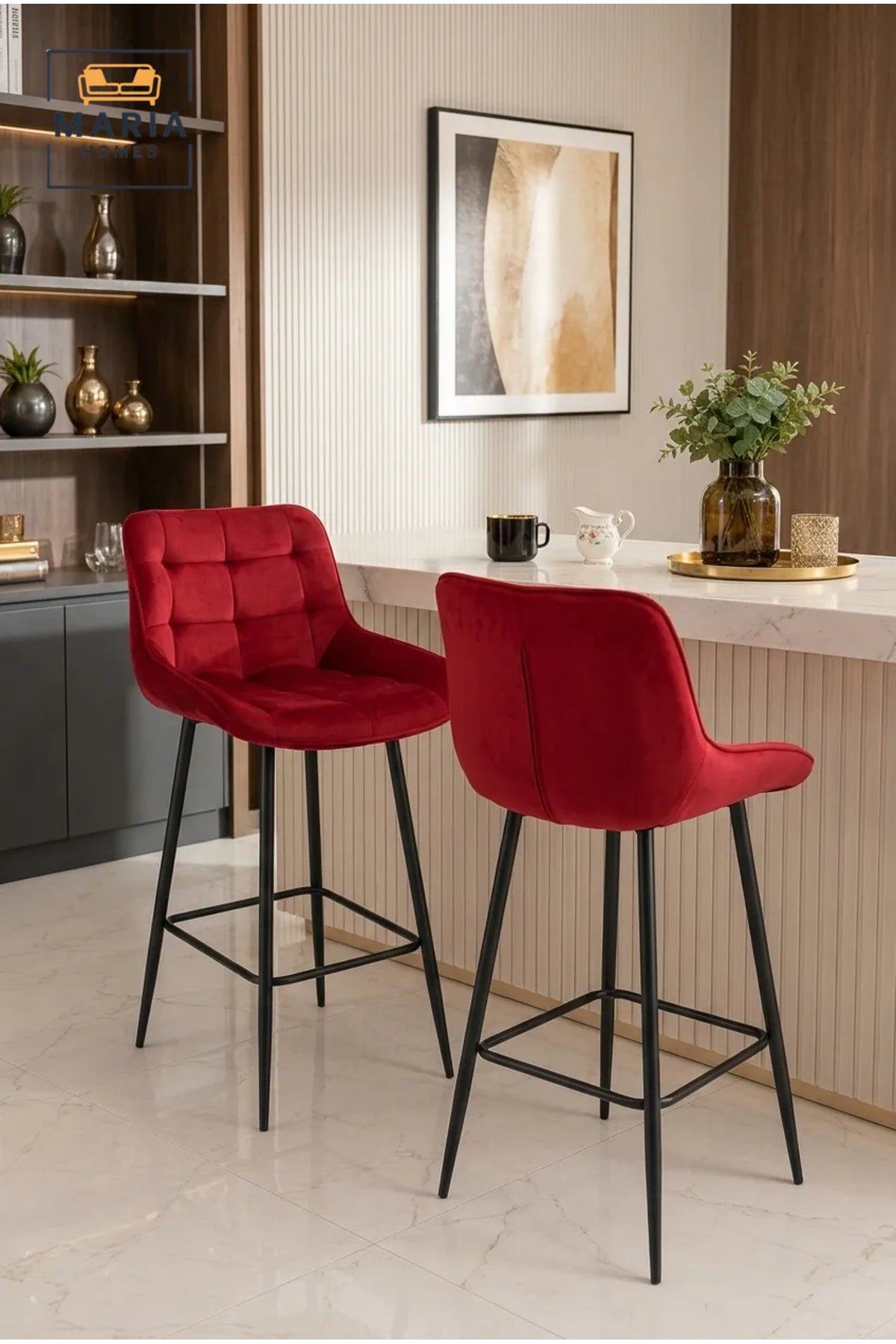 Modern Velvet Counter Stool with Tufted Upholstery, Curved Backrest and Metal Frame