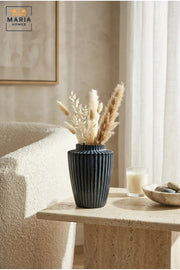Blue Ribbed Decorative Vase, Modern Tapered Flower Holder with Wide Opening for Dried Flowers, Living Room, Bedroom, Office, Shelf and Table Décor