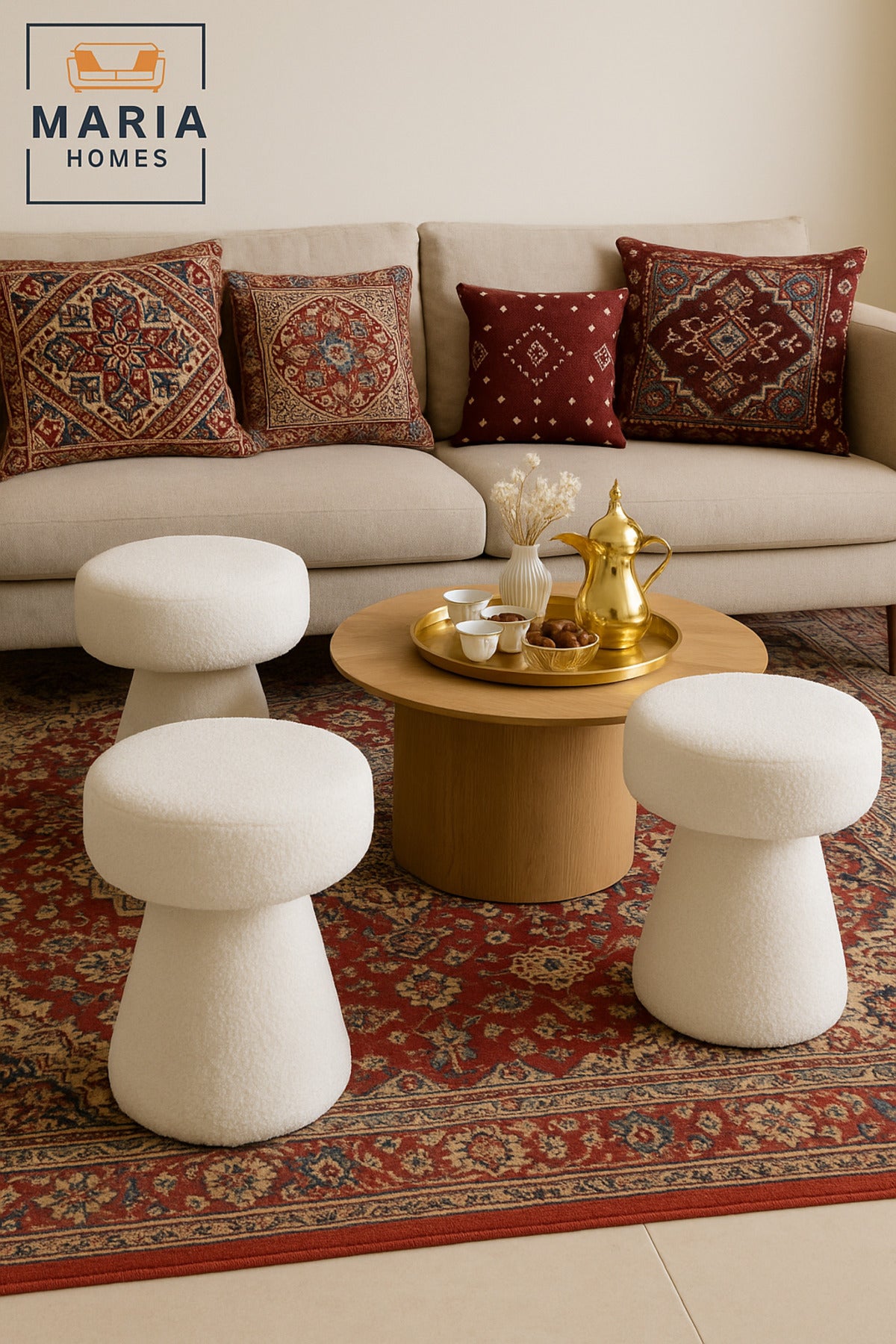 White BouclŽ Mushroom Stool Ð Modern Accent Ottoman for Living Room & Bedroom