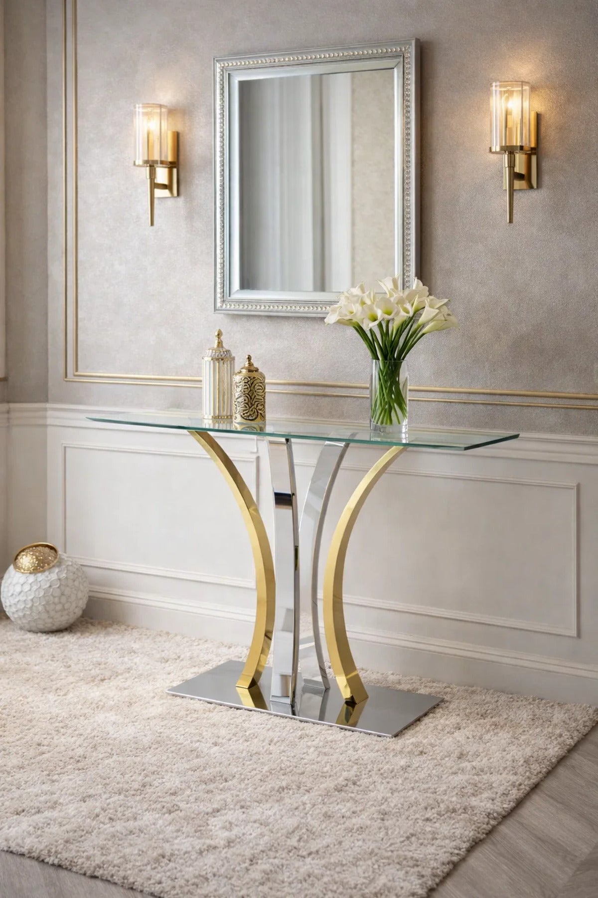 Luxury Modern Glass Console Table Gold Silver Metal Legs Hallway Entryway Furniture 140x40x80cm