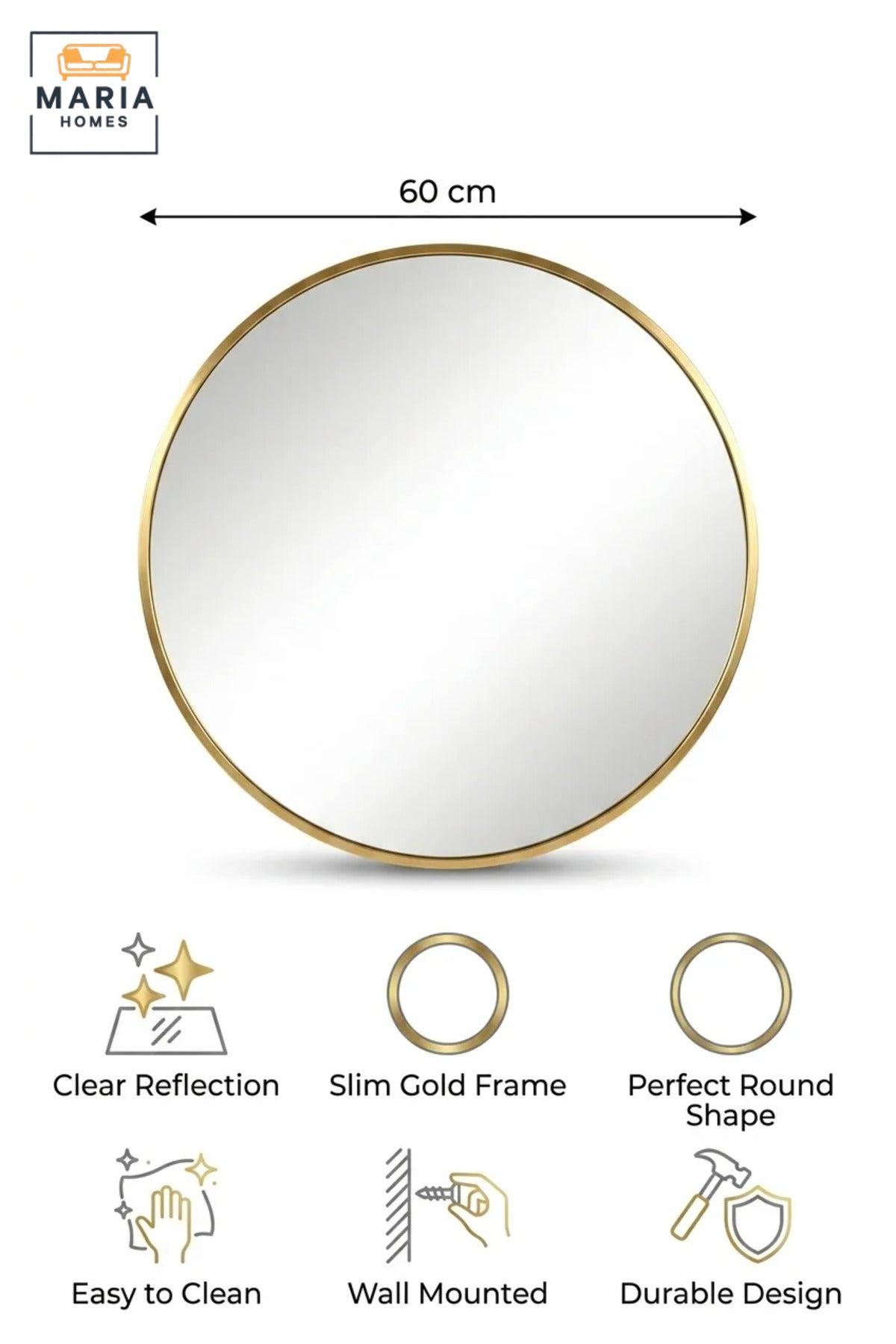 Round Framed Wall Mirror 60 cm with Slim Decorative Border, Modern Circular Mirror for Bathroom, Bedroom, Vanity, Hallway, Living Room and Entryway
