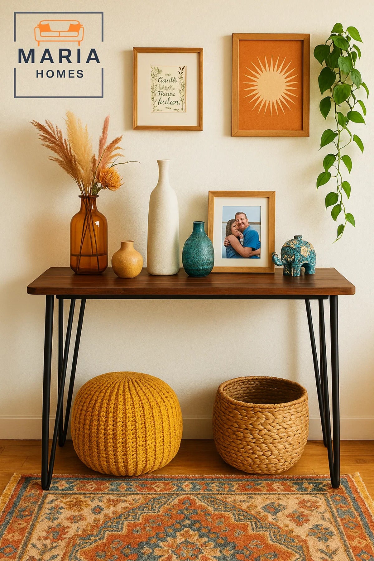 Modern Console Table 120x40x80cm √ê Walnut Finish Top with Sleek Black Metal Hairpin Legs