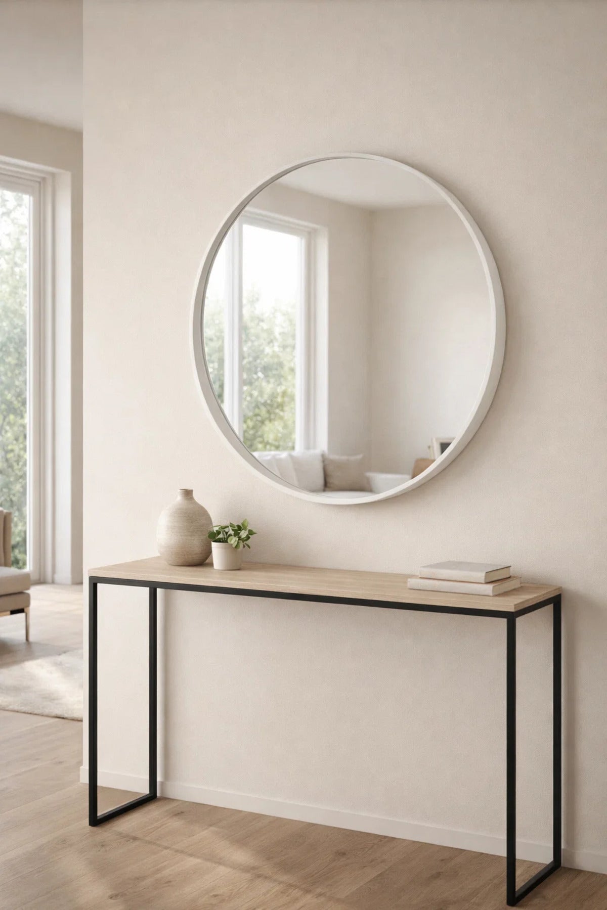 Modern White Round Wall Mirror 90cm Wooden Frame Circle Hanging for Living Room Bedroom Decor