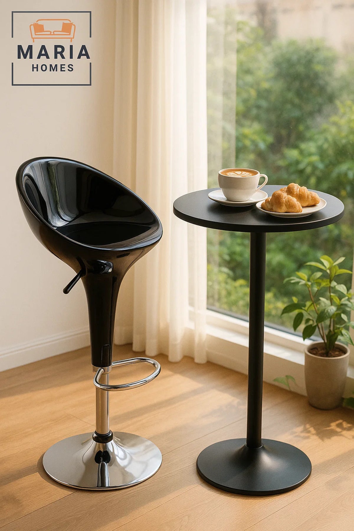 Black Bar Stool with Chrome Base and Footrest Adjustable Height