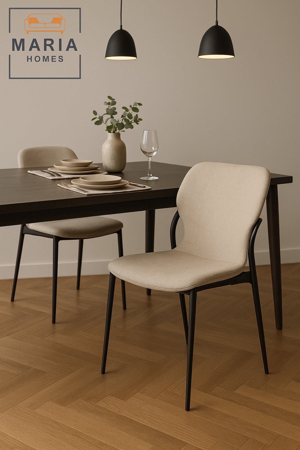 Modern Fabric Dining Chair Beige Upholstery with Black Metal Frame