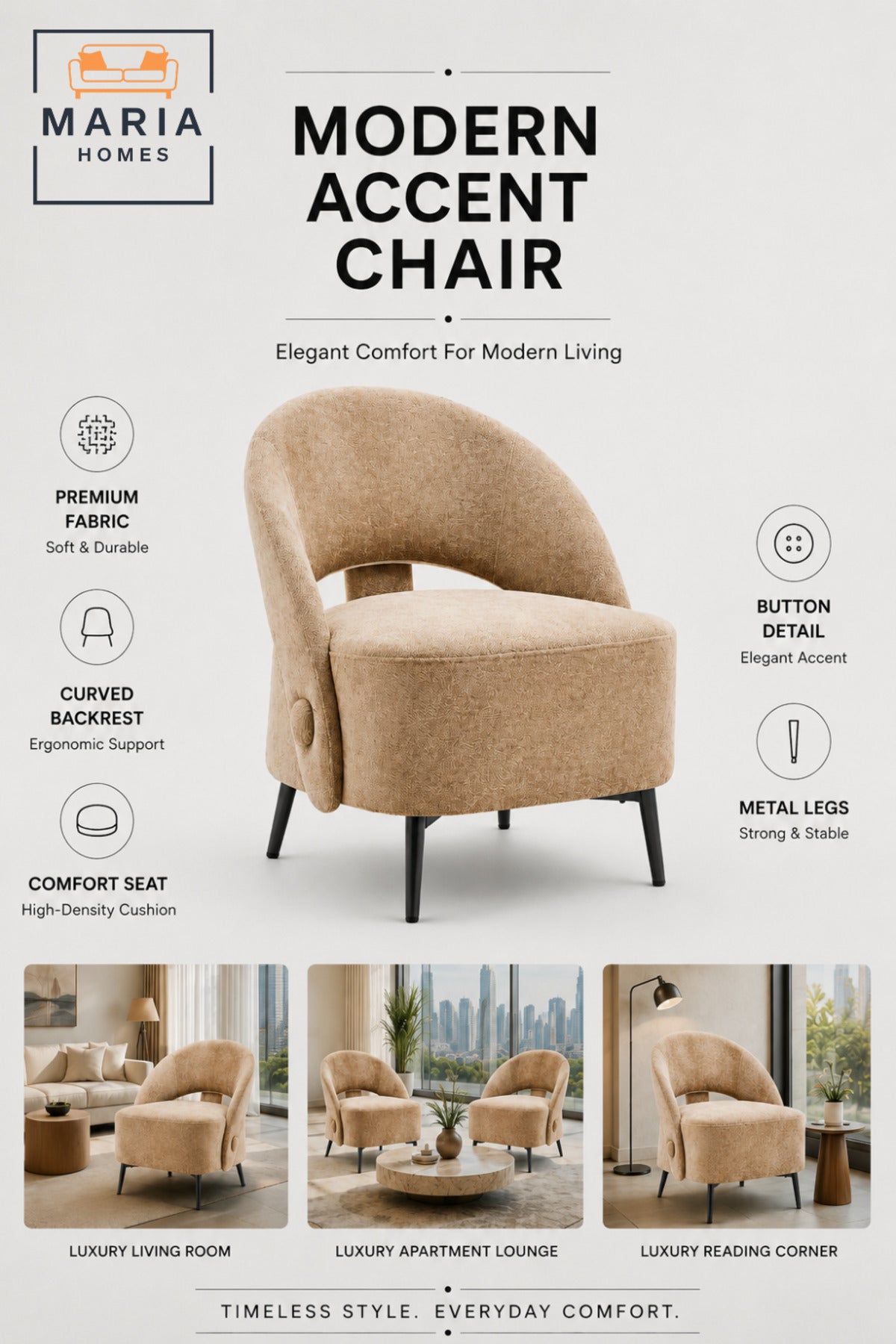 Modern Accent Chair Upholstered Lounge Chair Fabric Armchair for Living Room Bedroom Beige