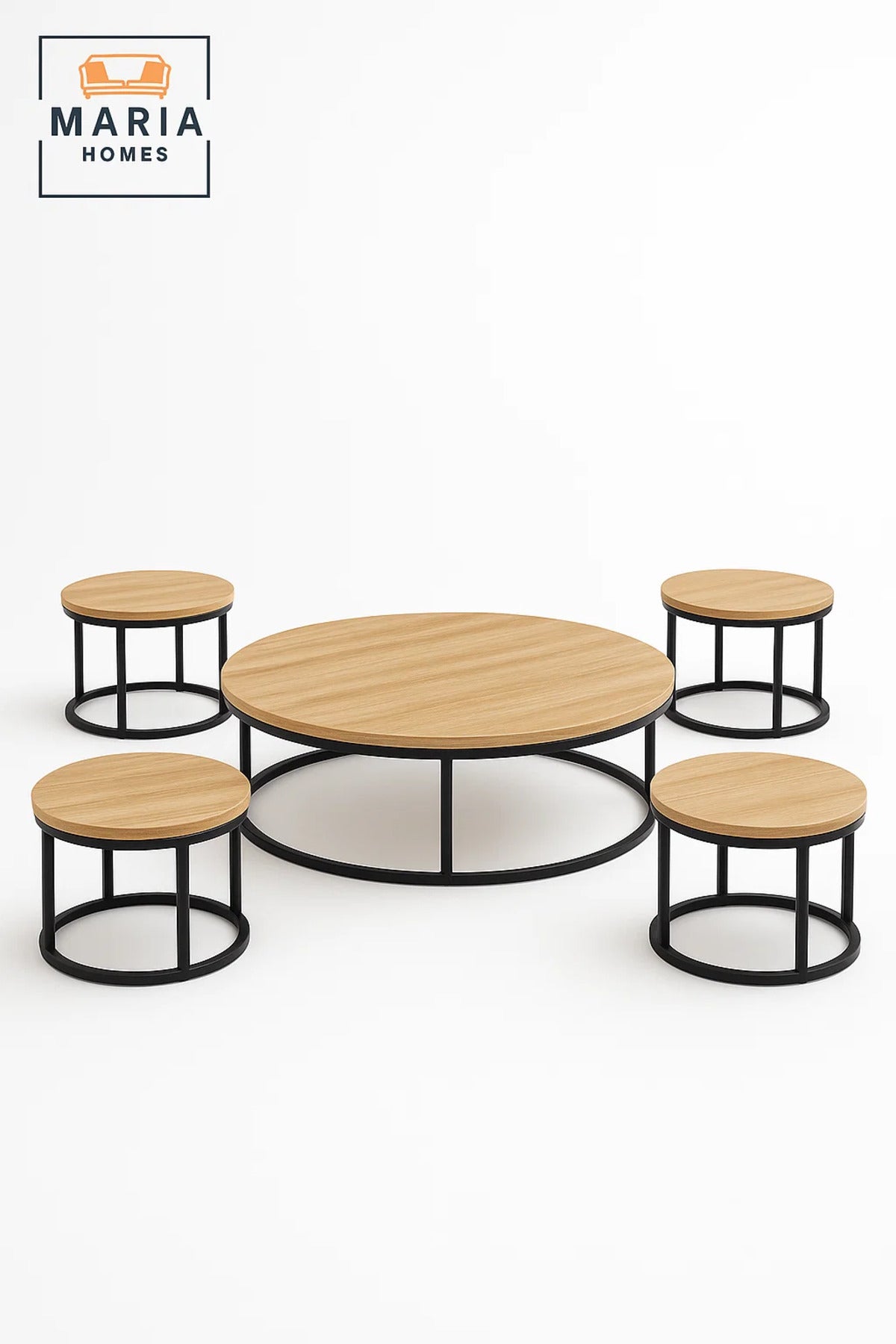 Light Oak Round Coffee Table Set √ê Modern Wood Finish with Metal Frame Living Room 5Piece