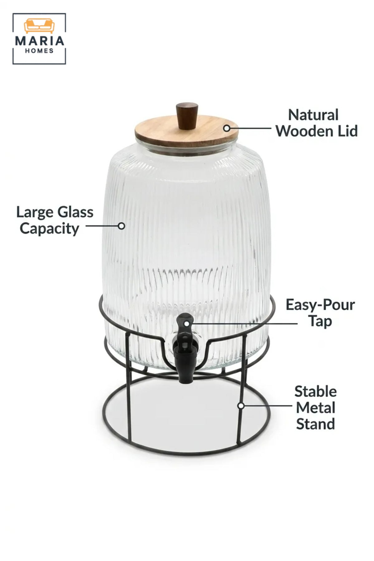 Large Glass Beverage Dispenser with Tap, Wooden Lid and Metal Stand, Drink Jar for Water, Juice, Lemonade, Iced Tea, Parties and Buffets
