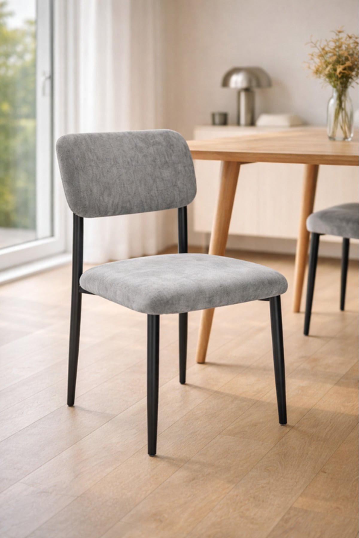 Grey Upholstered Dining Chair with Black Metal Legs Modern Room grey upholstered dining