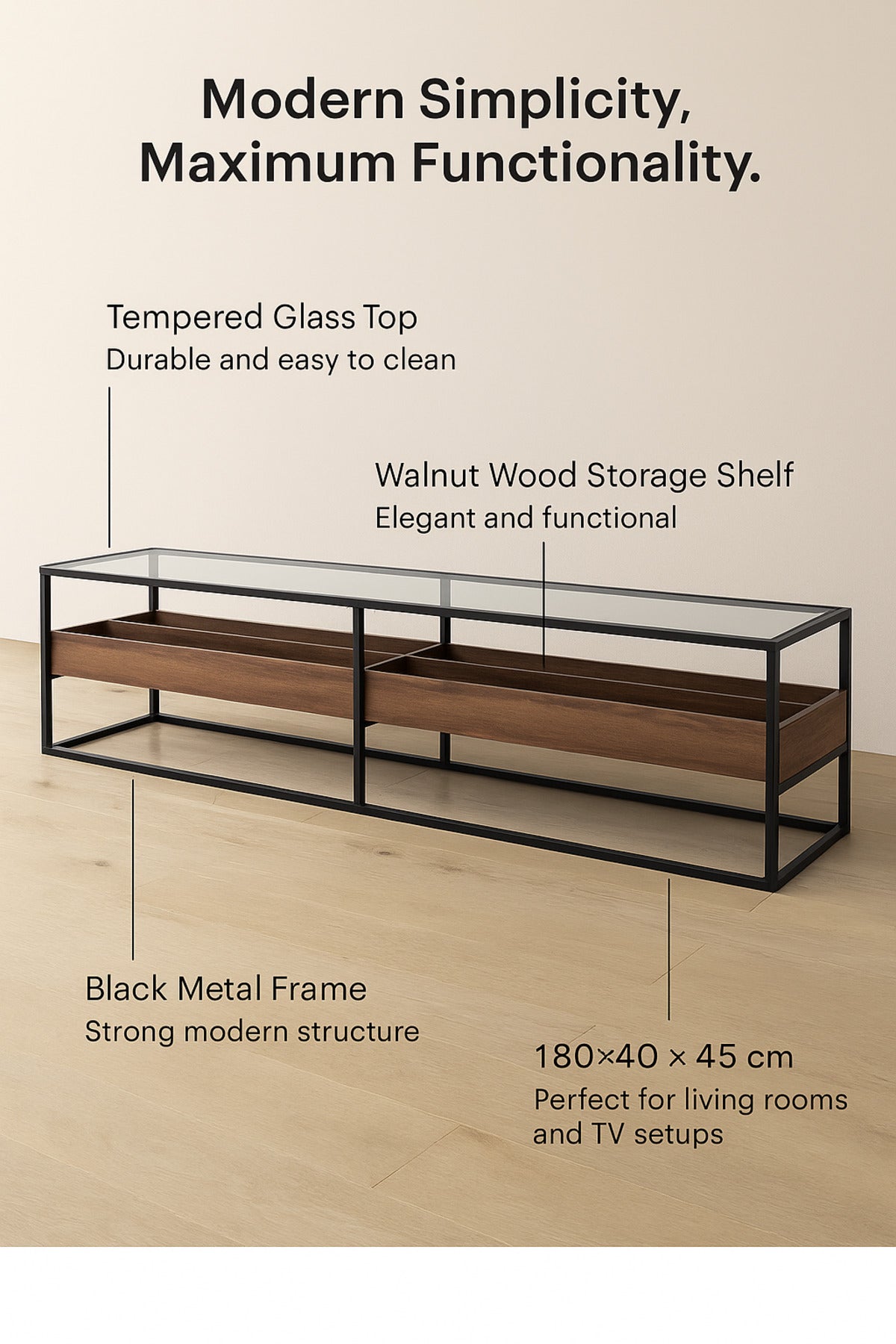 Modern Walnut TV Table with Glass Top & Black Metal Frame Ð 180_40_45 cm