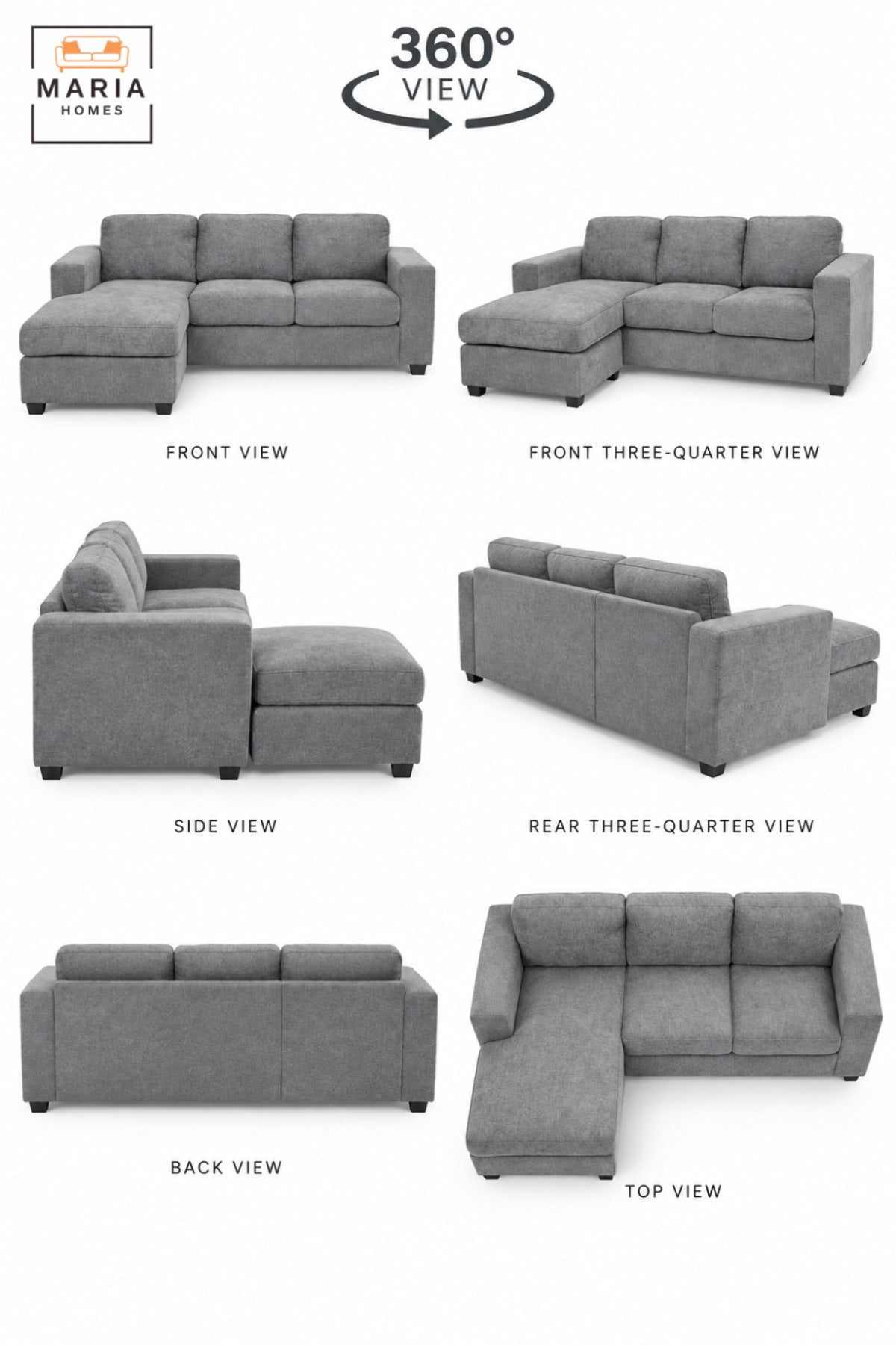 L-Shaped GREY Sectional Sofa with Left Chaise | 3-Seater Upholstered Couch with Deep Cushions, Wide Armrests & Comfortable Modern Living Room Design