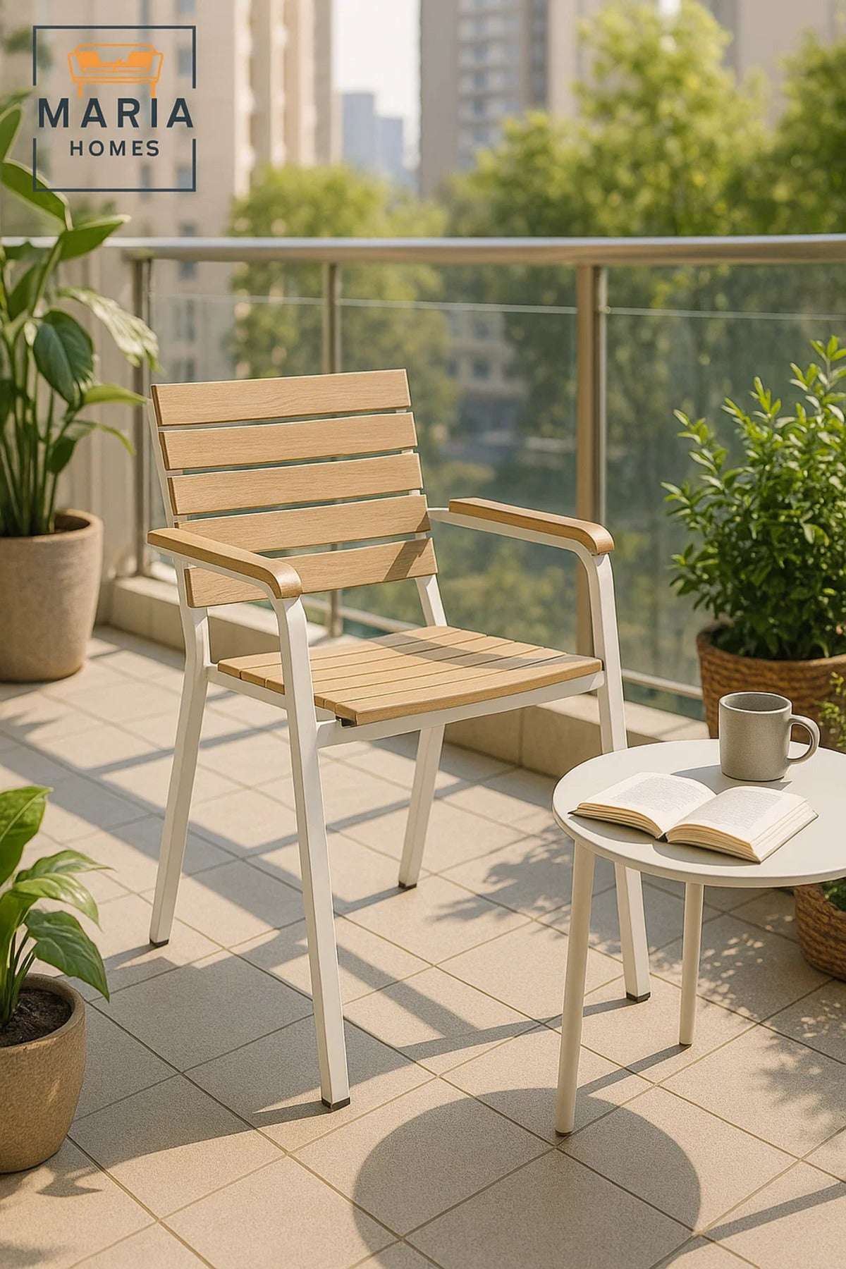 White & Beige Outdoor Dining Armchair Metal Frame Wooden Look Garden Patio Balcony Durable Chair