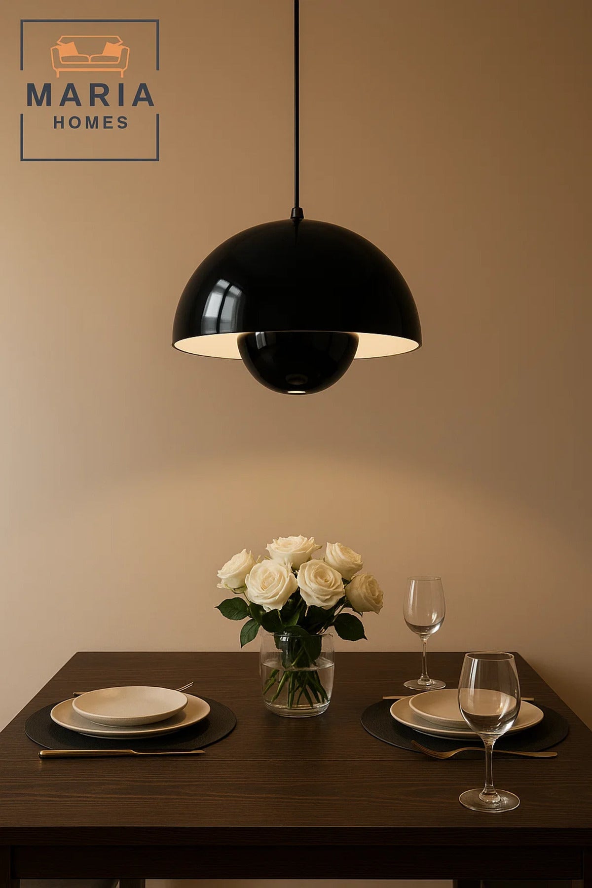 Glossy Black Dome Pendant Light