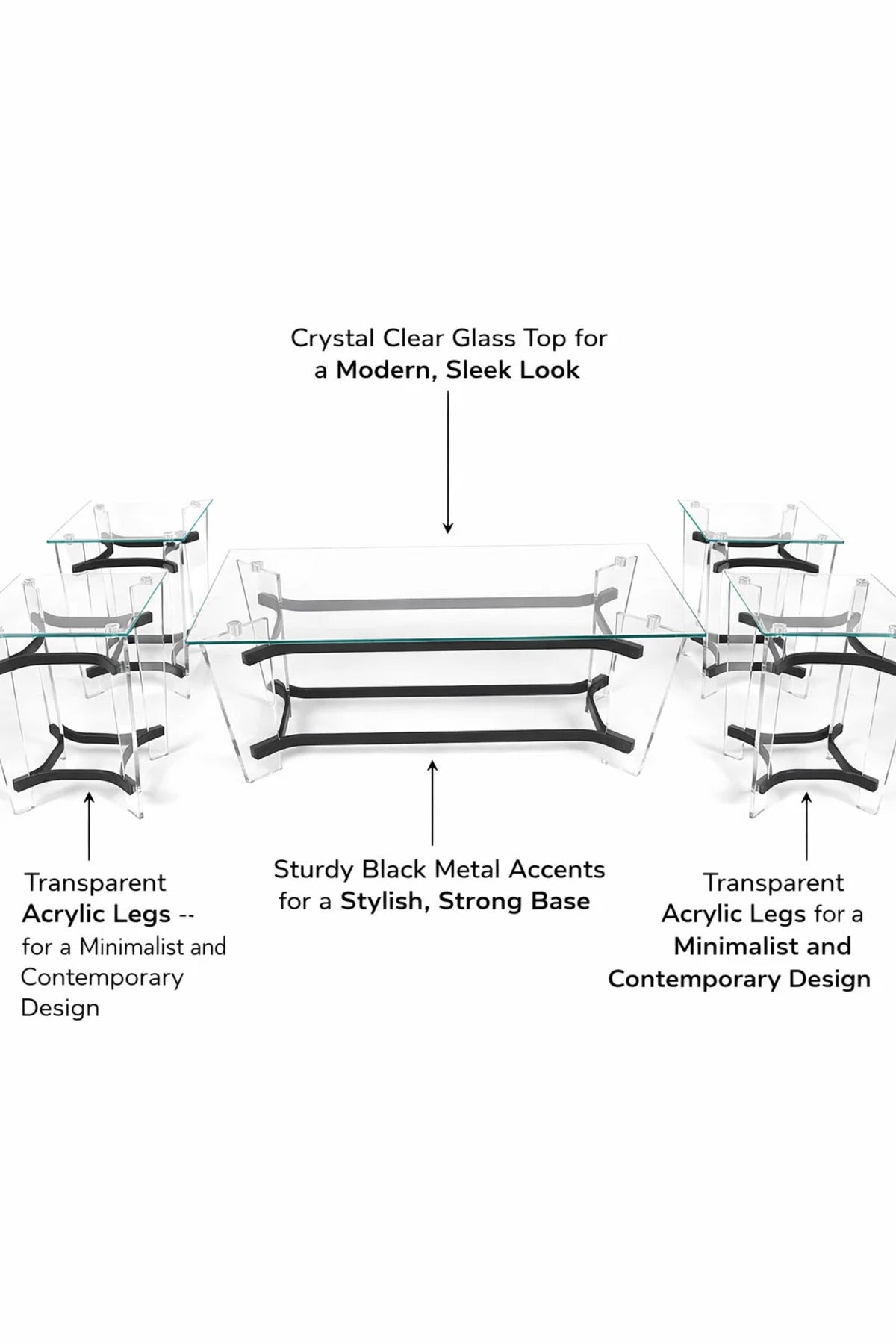 Modern 5-Piece Glass Coffee Table Set with Black Acrylic Base √ê Contemporary Living Room Set