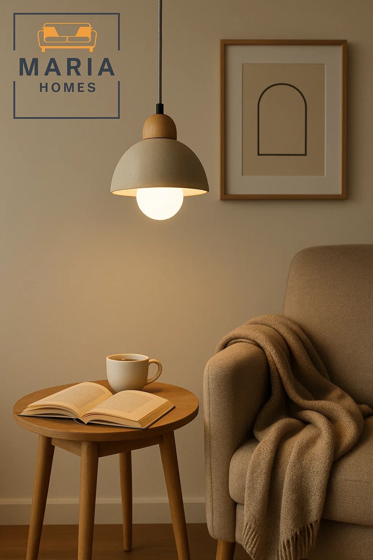 Compact White Dome Pendant Light with Wood Accent