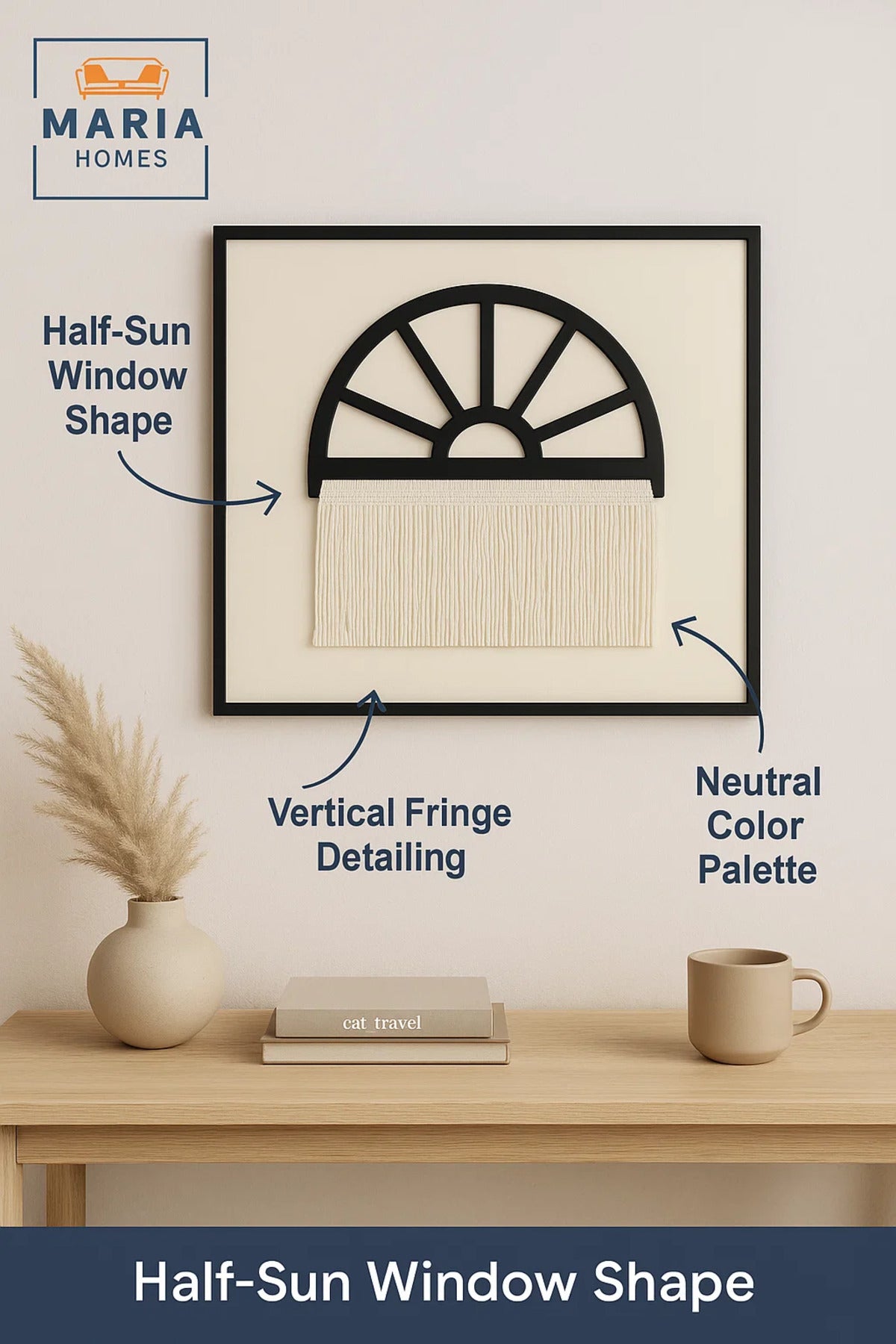 Semi-Circle Fringe Wall Art with Black Frame and Cream Textured Detailing-size 120*120*4 CM