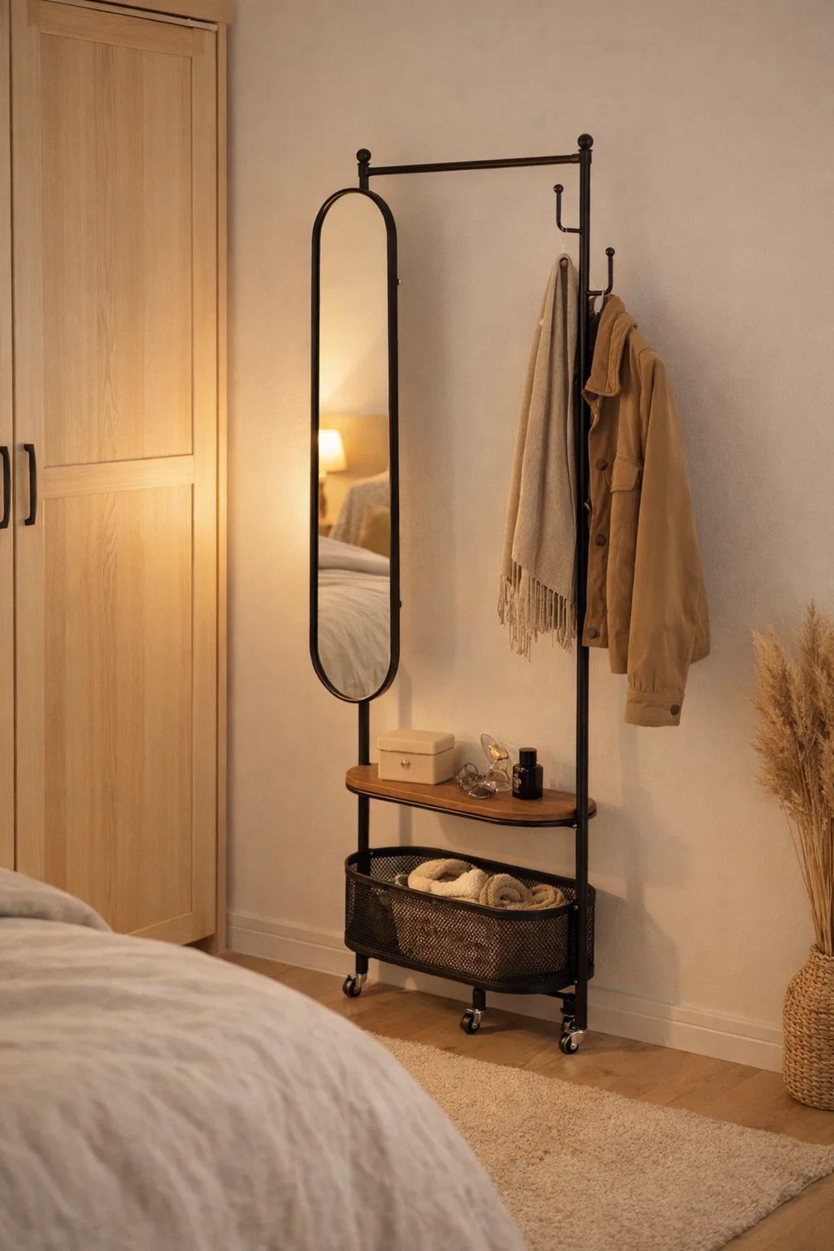 Modern Mobile Coat Rack Stand with Oval Mirror Shelf and Basket Storage for Hallway Organization
