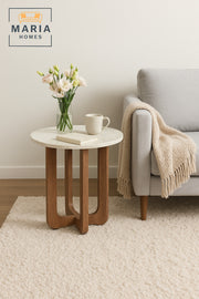 Round Side Table 45_55 cm Ð Modern Coffee Table with Faux Marble Top & Wooden Brown Legs