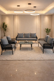 Sleek Black and Grey 7-Piece Outdoor Sofa Set with Glass Coffee Table √ê Stylish Modern Seating