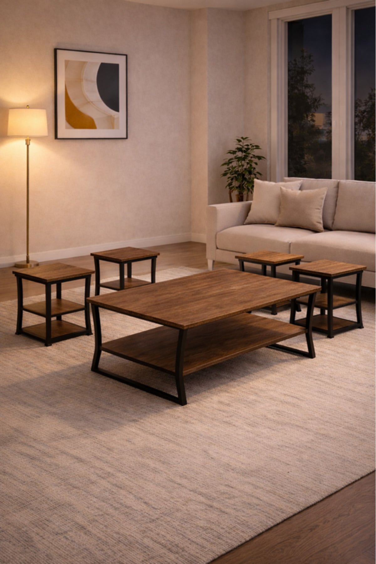 Coffee 1+4 Coffee Table Set √ê Stylish Wood and Metal Design with 1 Large and 4 Side Tables