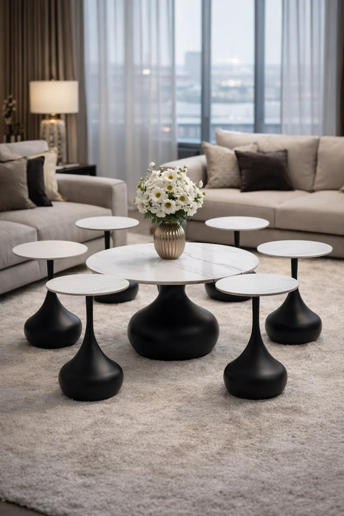Stylish 7-Piece Ceramic Center Table Set with 6 Matching Side Tables Black Base Living Room