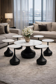 Stylish 7-Piece Ceramic Center Table Set with 6 Matching Side Tables Black Base Living Room