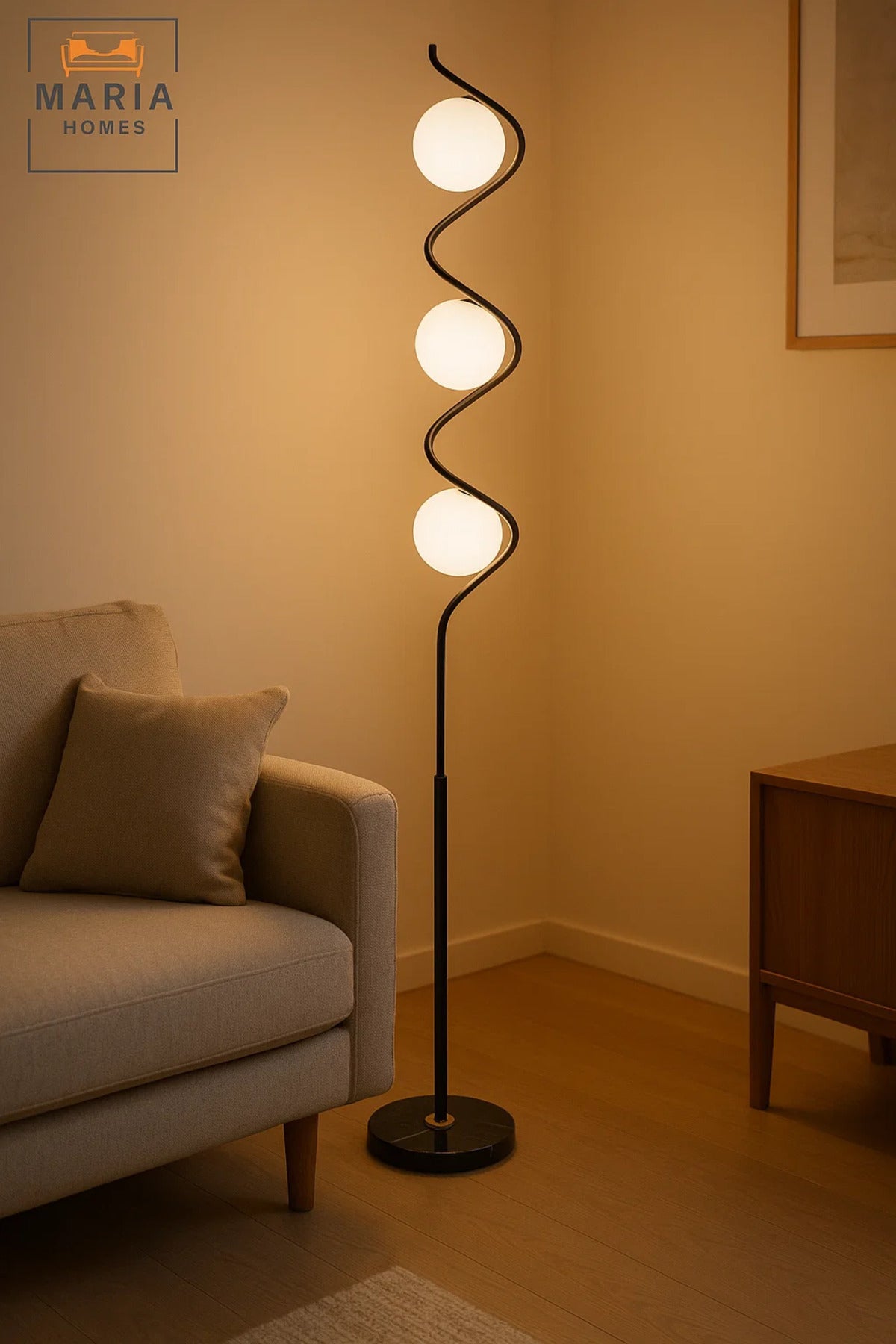 Stylish floor lamp with a spiral black frame and three frosted globes Great for modern interiors