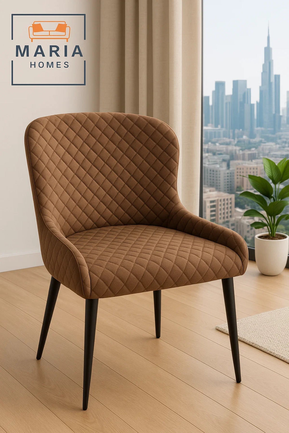 Brown Quilted Velvet Dining Chair Ð Padded Upholstered Seat with Black Metal Legs for Home or CafŽ