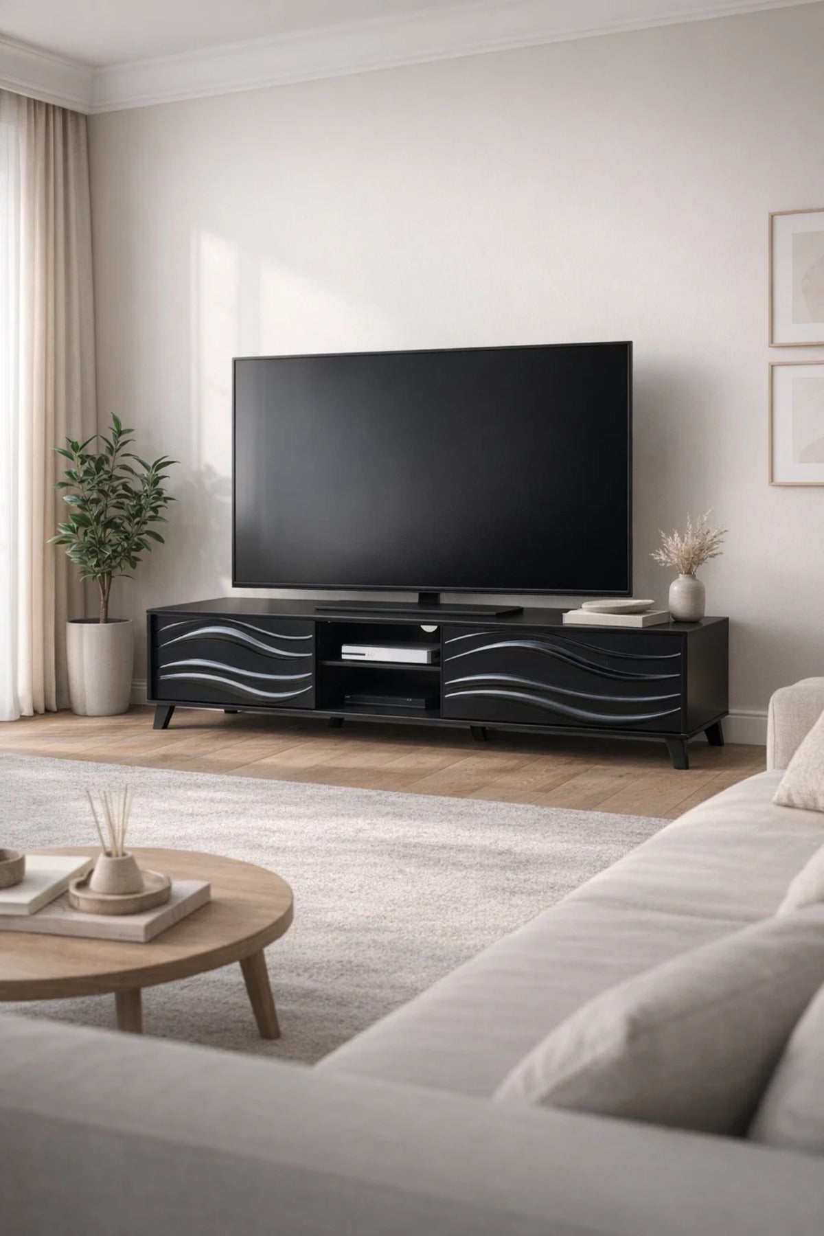 Modern Black TV Table 160cm Entertainment Unit with Wave Design Doors and Central Storage Shelf