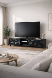 Modern Black TV Table 160cm Entertainment Unit with Wave Design Doors and Central Storage Shelf